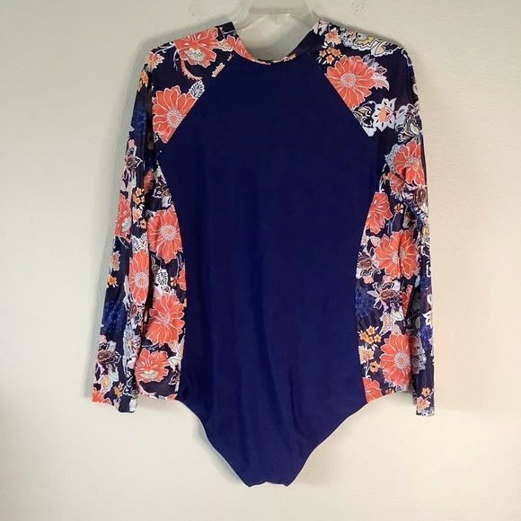 HANNA NIKOLE Plus Size One-Piece Rash Guard Swimsuit Long Sleeve Colorblock Blue - Picture 10 of 12